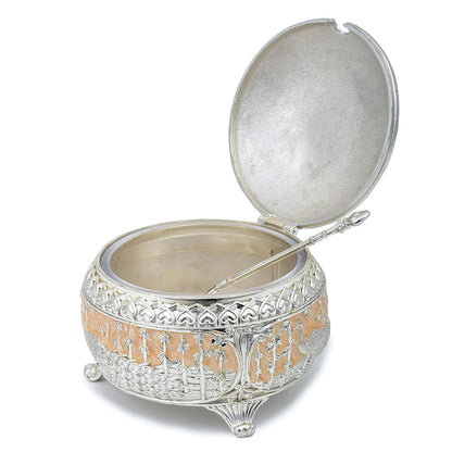 Jain Art Villa German Silver Dry Fruit Bowl with Lid & Spoon – Peacock Design Decorative Serving Container