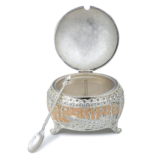 Jain Art Villa German Silver Dry Fruit Bowl with Lid & Spoon – Peacock Design Decorative Serving Container