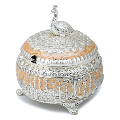 Jain Art Villa German Silver Dry Fruit Bowl with Lid & Spoon – Peacock Design Decorative Serving Container