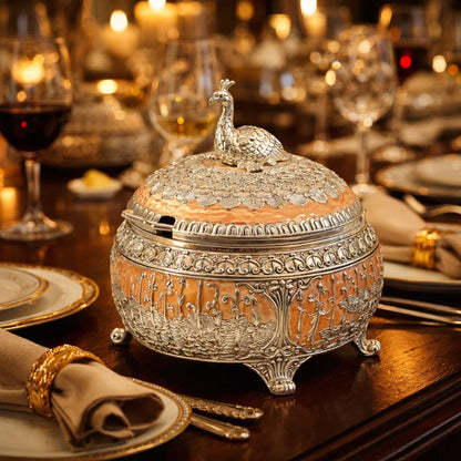 Jain Art Villa German Silver Dry Fruit Bowl with Lid & Spoon – Peacock Design Decorative Serving Container