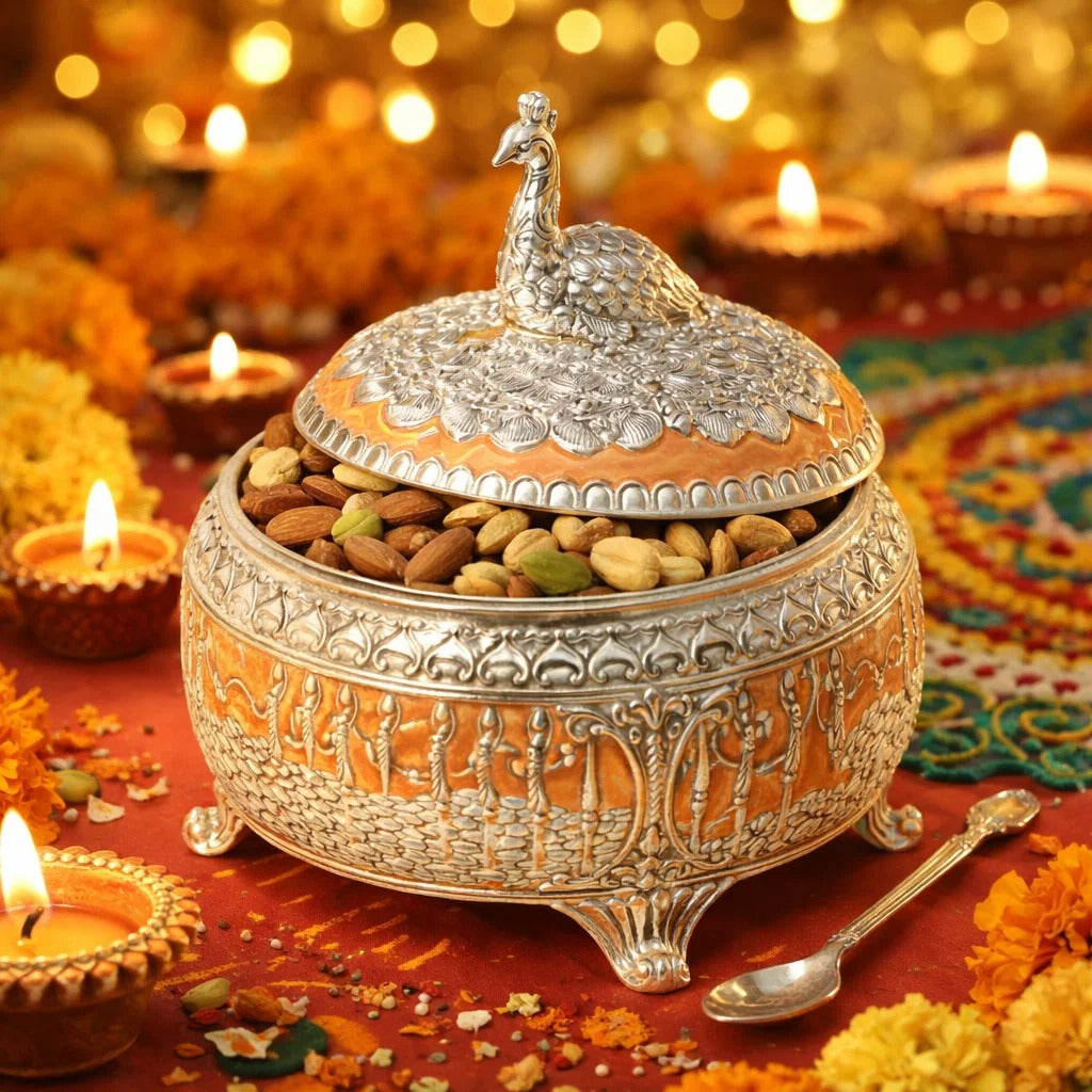 Jain Art Villa German Silver Dry Fruit Bowl with Lid & Spoon – Peacock Design Decorative Serving Container