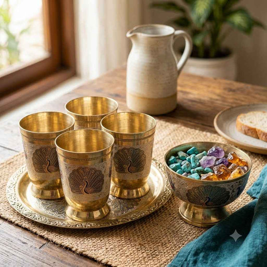 Brass Peacock Design Glass with Gift Box/Tumbler for Drinking Serving Water pack of 4