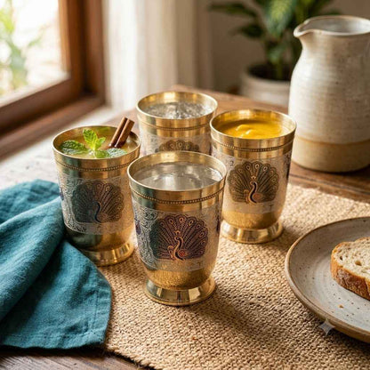 Pure Brass Peacock Design Glass with Gift Box Yoga & Ayurveda,