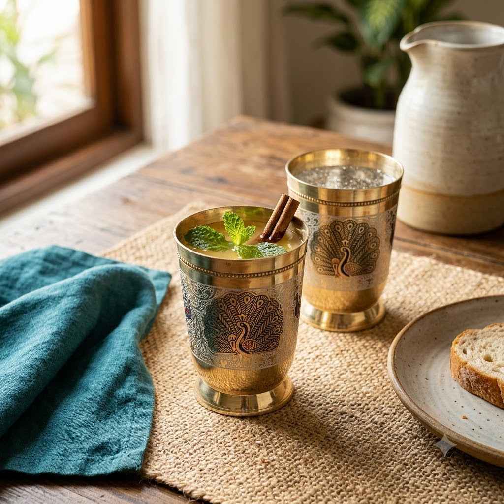 Pure Brass Peacock Design Glass with Gift Box Yoga & Ayurveda,