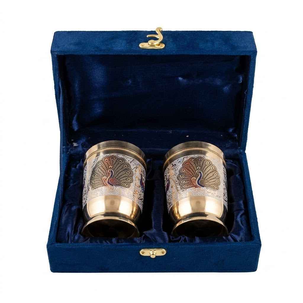 Brass Peacock Design Glass with Gift Box/Tumbler for Drinking Serving Water pack of 4