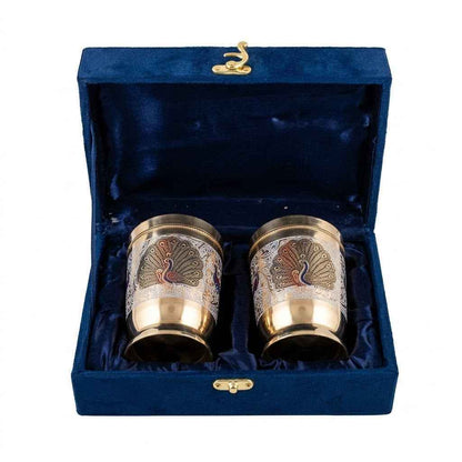 Brass Peacock Design Glass with Gift Box/Tumbler for Drinking Serving Water pack of 4