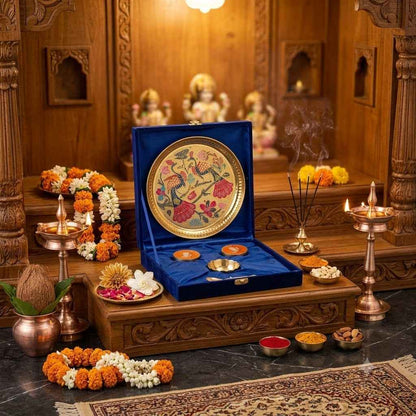 Premium Meenakari Pooja Thali Gift Set with 2 Roli Chawal Pichwai Art Dabbi, 1 spoon 1 bowl– Royal Festive Collection 30 in stock