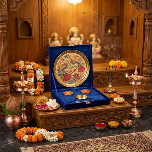 Premium Meenakari Pooja Thali Gift Set with 2 Roli Chawal Pichwai Art Dabbi, 1 spoon 1 bowl– Royal Festive Collection 30 in stock
