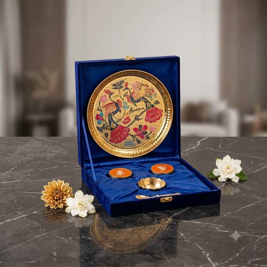 Premium Meenakari Pooja Thali Gift Set with 2 Roli Chawal Pichwai Art Dabbi, 1 spoon 1 bowl– Royal Festive Collection 30 in stock