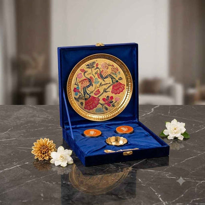 Premium Meenakari Pooja Thali Gift Set with 2 Roli Chawal Pichwai Art Dabbi, 1 spoon 1 bowl– Royal Festive Collection 30 in stock
