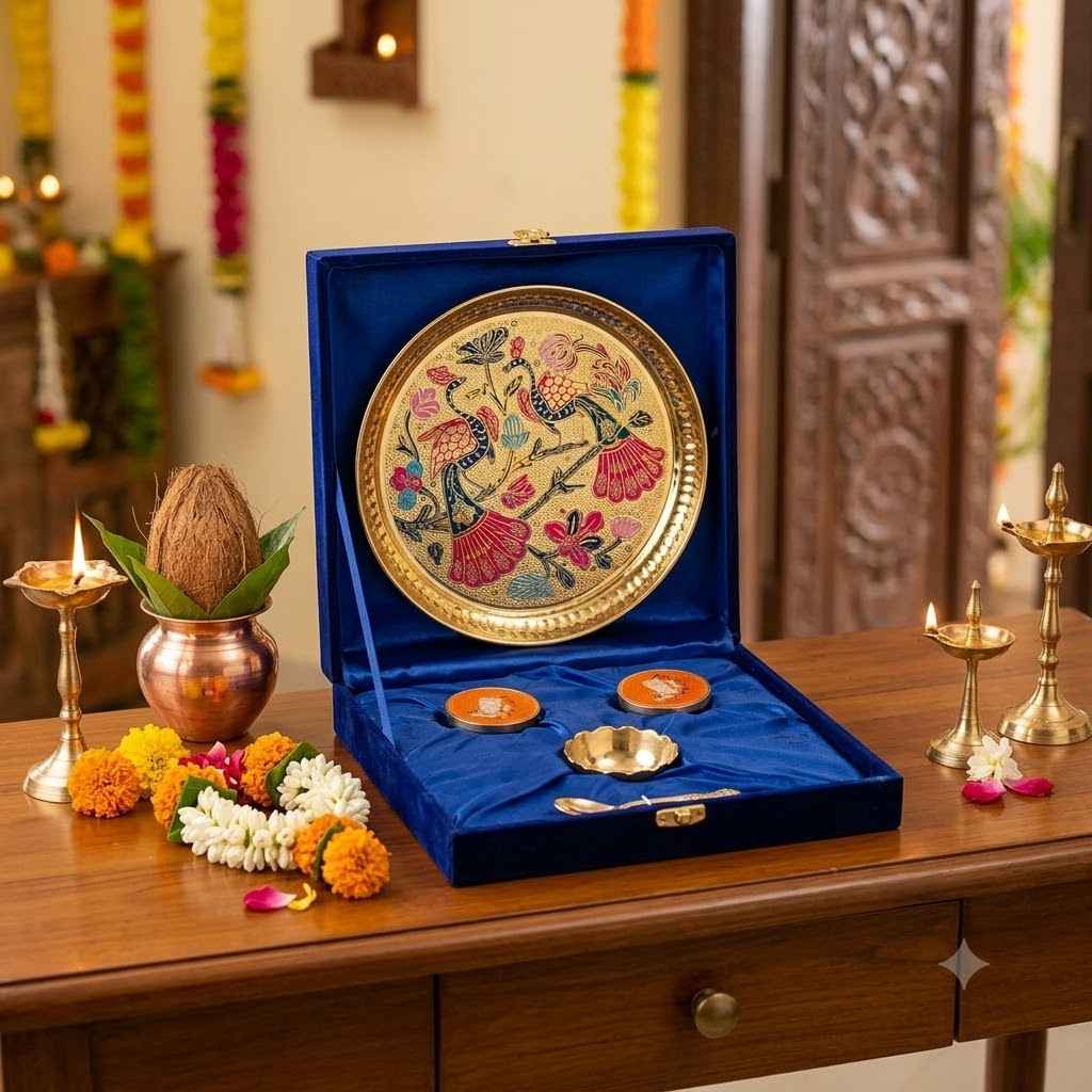 Premium Meenakari Pooja Thali Gift Set with 2 Roli Chawal Pichwai Art Dabbi, 1 spoon 1 bowl– Royal Festive Collection 30 in stock