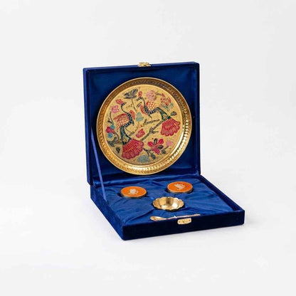 Premium Meenakari Pooja Thali Gift Set with 2 Roli Chawal Pichwai Art Dabbi, 1 spoon 1 bowl– Royal Festive Collection 30 in stock