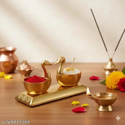 Brass Swan Kumkum & Chawal Holder with Diya | Premium Pooja Roli Chawal Dani