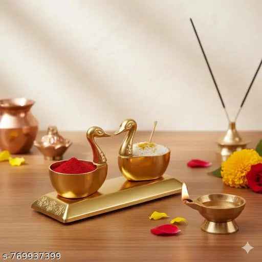 Brass Swan Kumkum & Chawal Holder with Diya | Premium Pooja Roli Chawal Dani