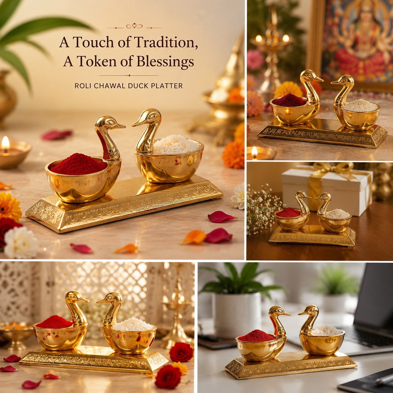 Brass Swan Kumkum & Chawal Holder with Diya | Premium Pooja Roli Chawal Dani