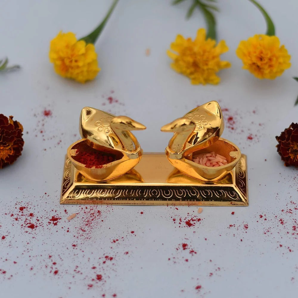 Brass Swan Kumkum & Chawal Holder with Diya | Premium Pooja Roli Chawal Dani