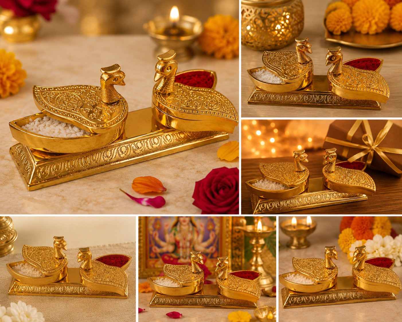 Gold Plated Peacock Kumkum & Rice Holder for Pooja | Haldi Kumkum Box