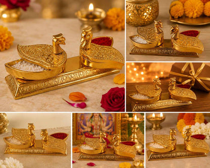 Gold Plated Peacock Kumkum & Rice Holder for Pooja | Haldi Kumkum Box