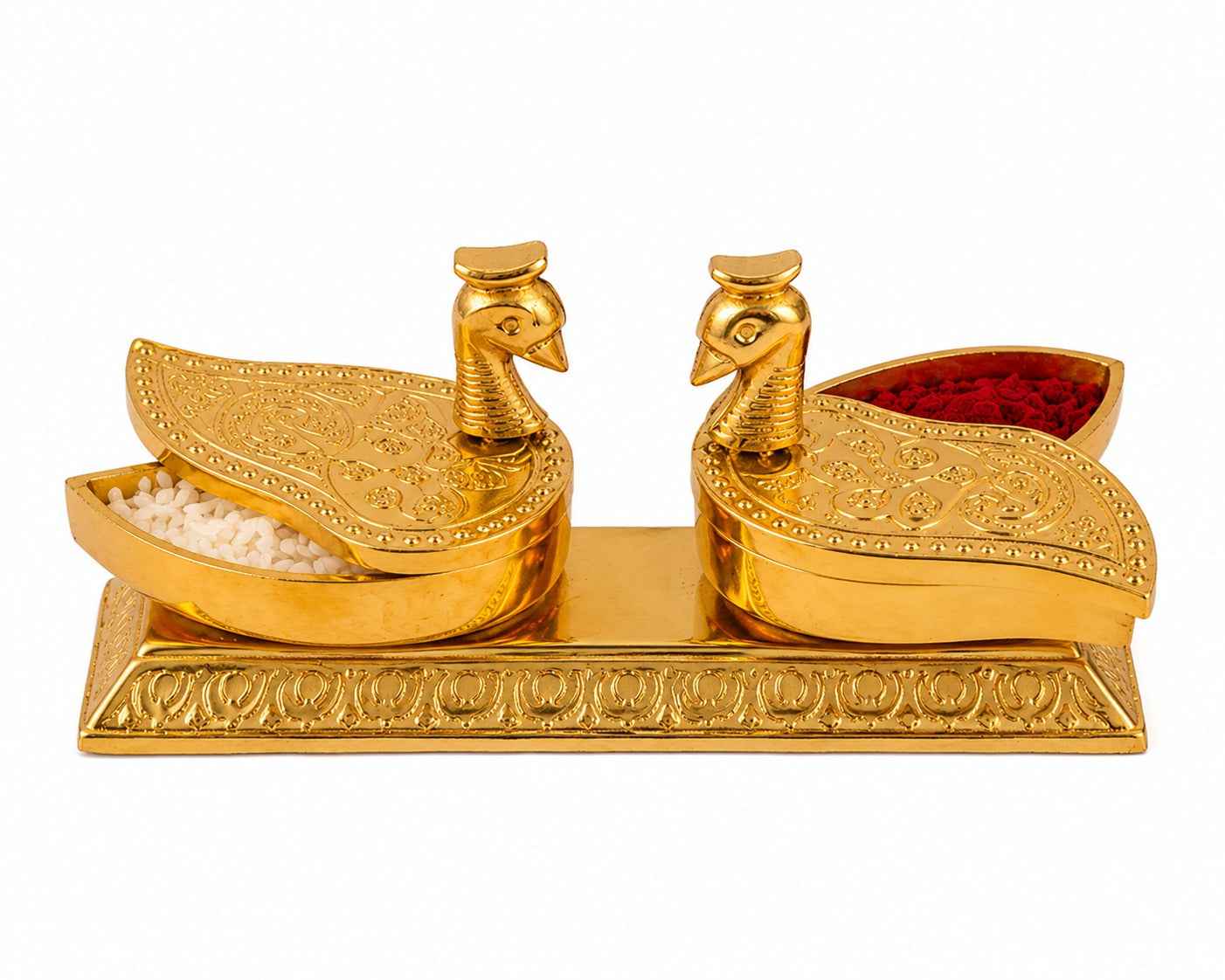 Gold Plated Peacock Kumkum & Rice Holder for Pooja | Haldi Kumkum Box
