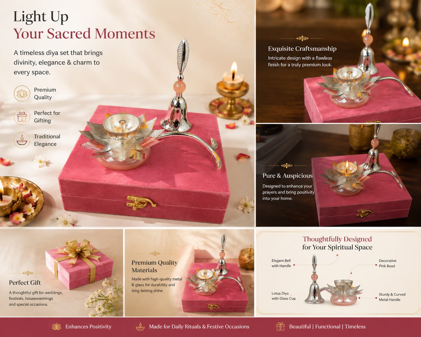 Decorative Lotus Diya and Bell Combo for Home Temple gifting