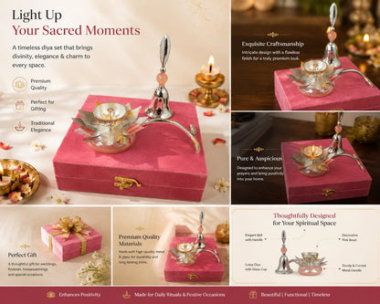 Decorative Lotus Diya and Bell Combo for Home Temple gifting