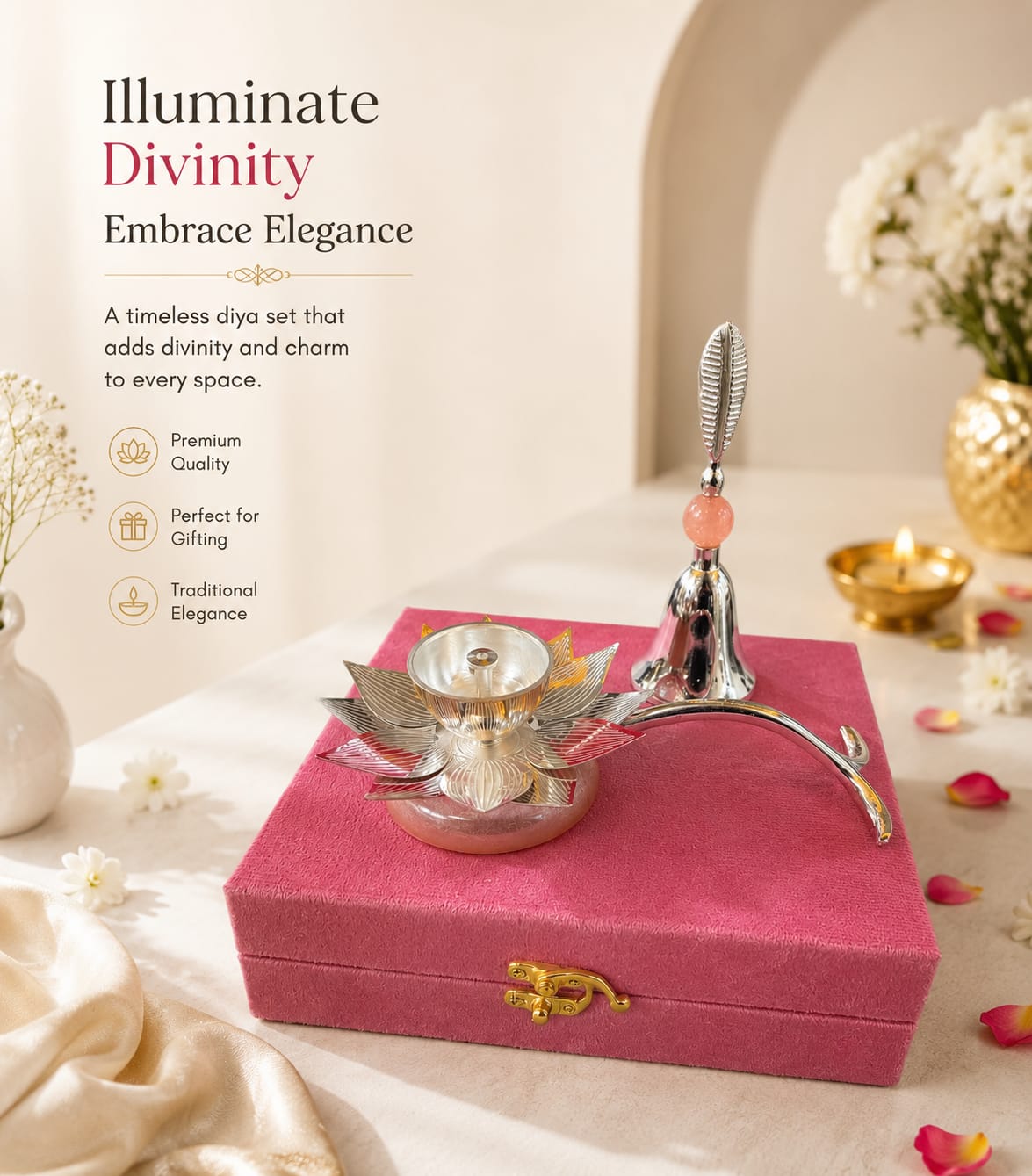 Decorative Lotus Diya and Bell Combo for Home Temple gifting
