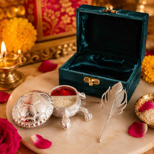 Handcrafted Silver-Plated Roli Chawal Tortoise Set for Pooja | Jain Art Villa