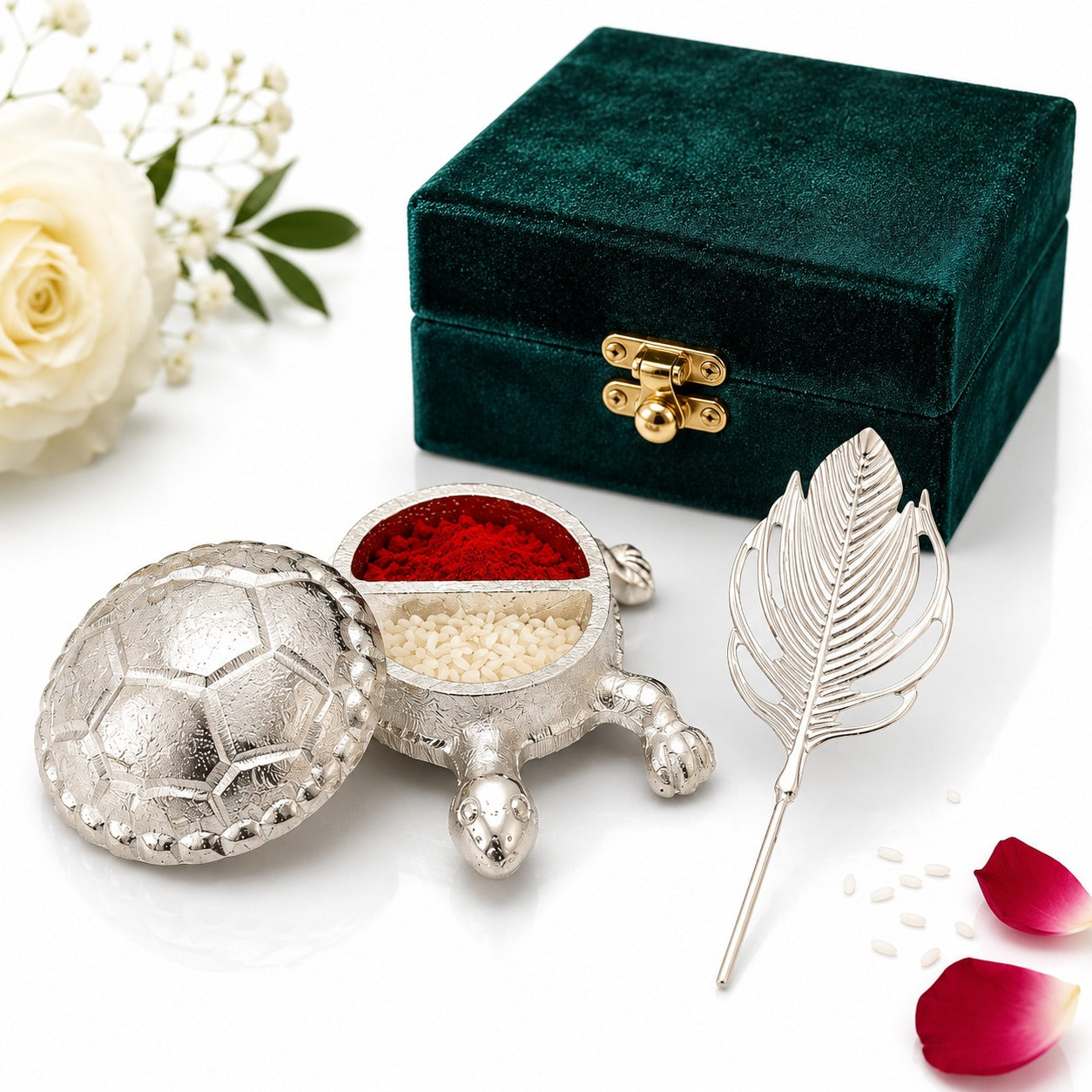 Handcrafted Silver-Plated Roli Chawal Tortoise Set for Pooja | Jain Art Villa