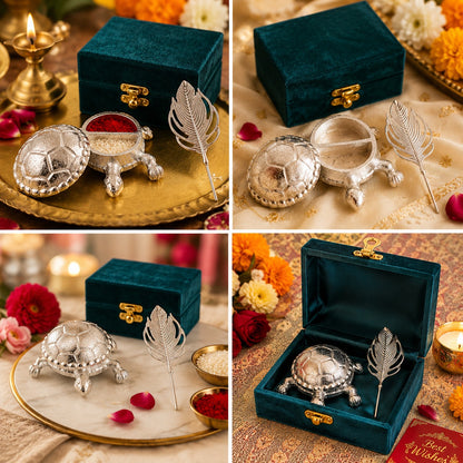 Handcrafted Silver-Plated Roli Chawal Tortoise Set for Pooja | Jain Art Villa