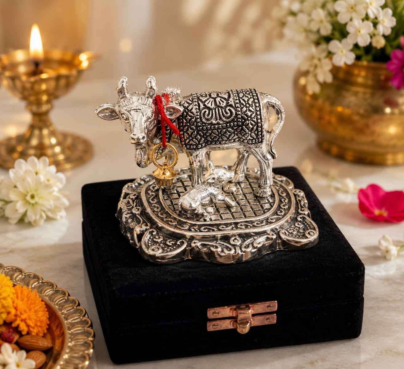 German Silver plated Kamdhenu Cow Idol with Calf   Vastu & Pooja Decorative