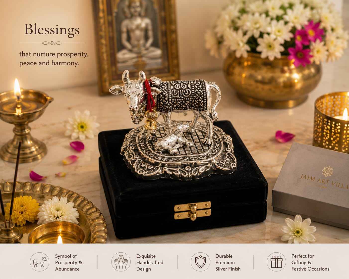 German Silver plated Kamdhenu Cow Idol with Calf   Vastu & Pooja Decorative