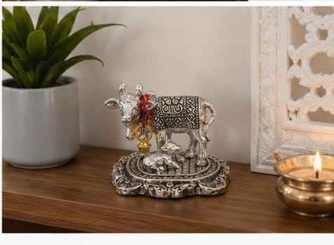 German Silver plated Kamdhenu Cow Idol with Calf   Vastu & Pooja Decorative