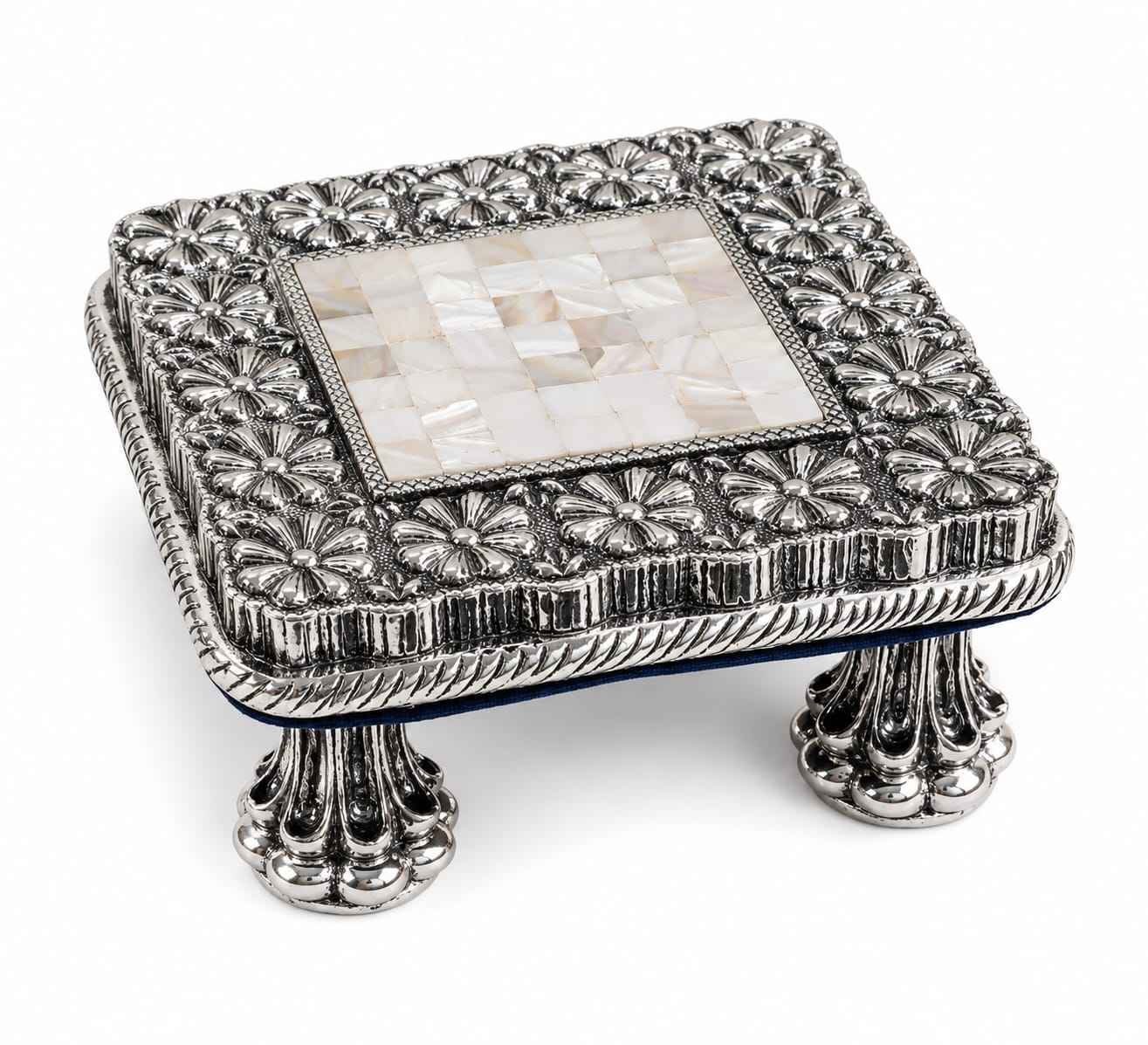 Handcrafted Silver Finish Chowki with Mother of Pearl
