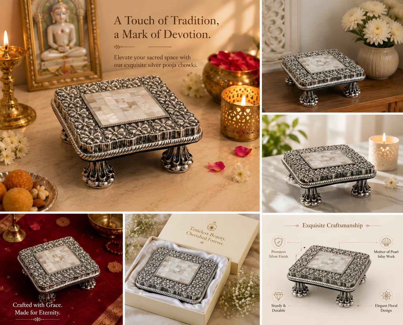 Handcrafted Silver Finish Chowki with Mother of Pearl