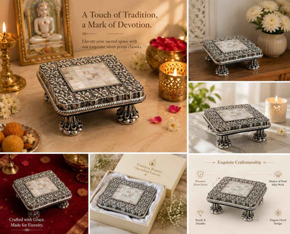 Handcrafted Silver Finish Chowki with Mother of Pearl