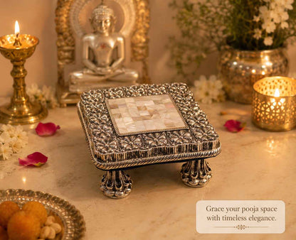 Handcrafted Silver Finish Chowki with Mother of Pearl