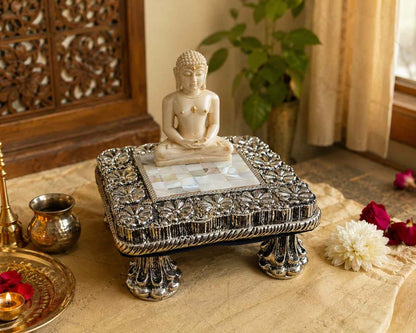 Handcrafted Silver Finish Chowki with Mother of Pearl