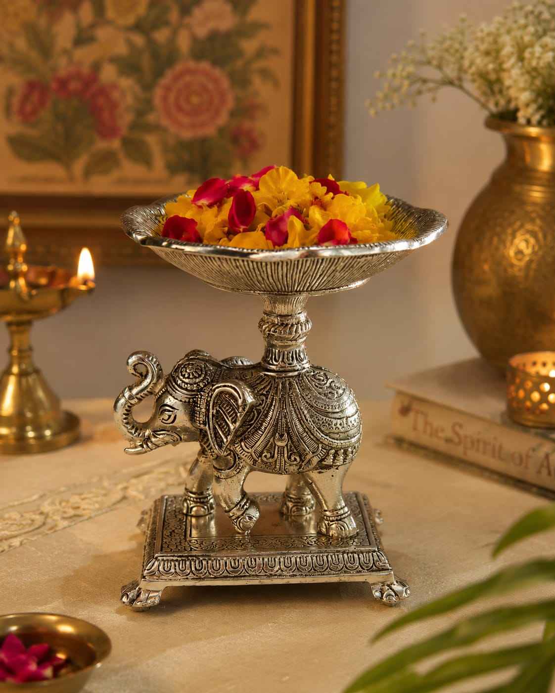 Silver Elephant Urli Bowl Decorative Plate – Elegant Home & Festive Décor | Jain Art Villa