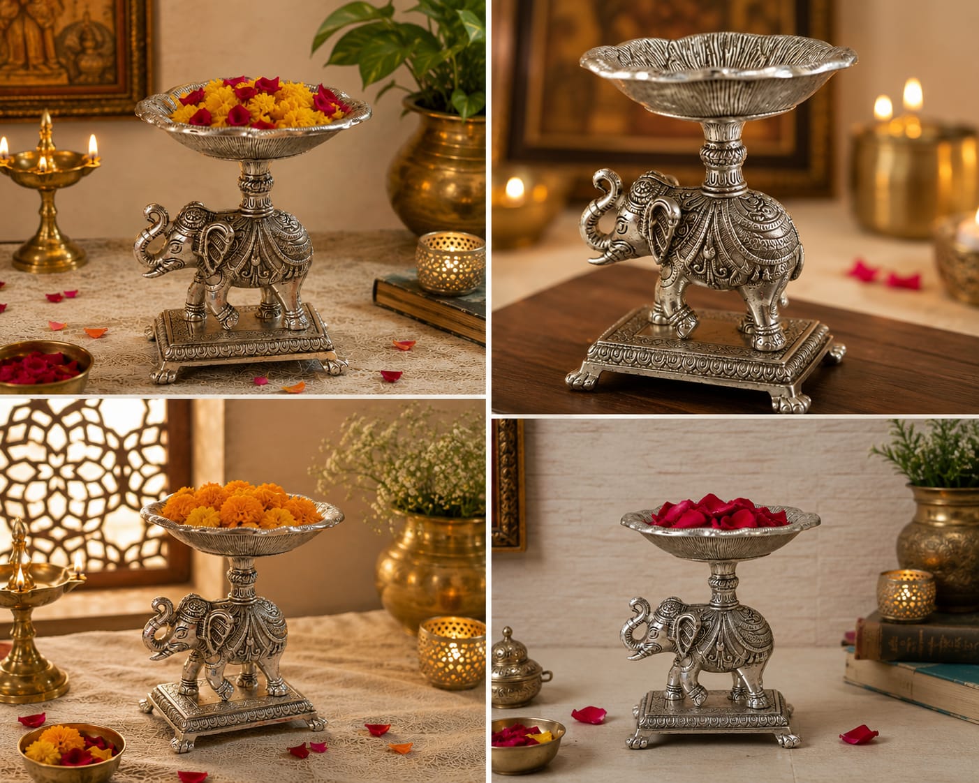 Silver Elephant Urli Bowl Decorative Plate – Elegant Home & Festive Décor | Jain Art Villa