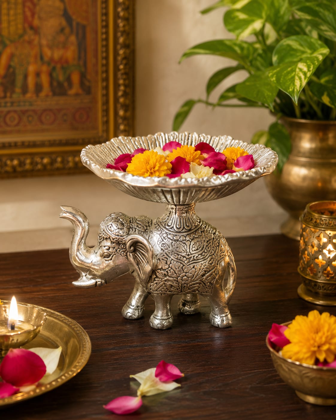 Silver Elephant Urli Bowl Decorative Plate – Elegant Home & Festive Décor | Jain Art Villa