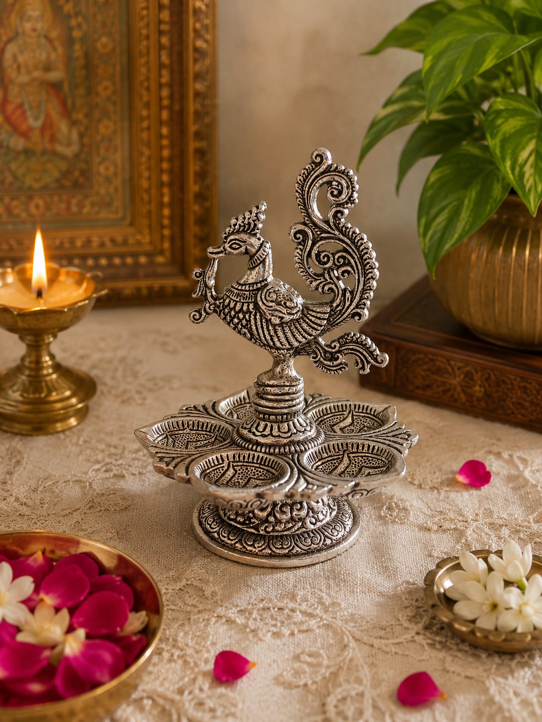 Antique Silver Panchmukhi Peacock Diya for Mandir, Festivals & Home Décor