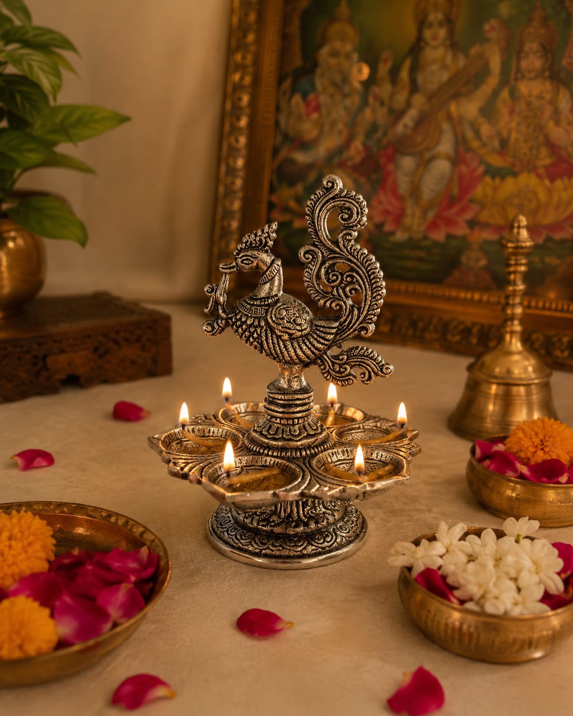 Antique Silver Panchmukhi Peacock Diya for Mandir, Festivals & Home Décor