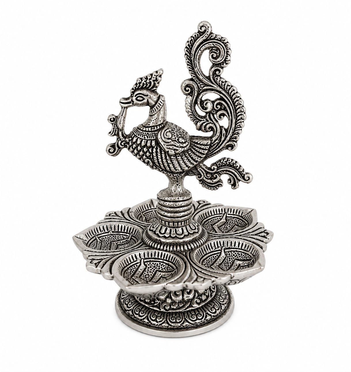 Antique Silver Panchmukhi Peacock Diya for Mandir, Festivals & Home Décor