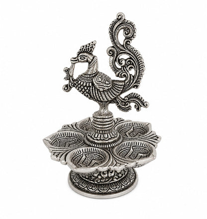 Antique Silver Panchmukhi Peacock Diya for Mandir, Festivals & Home Décor