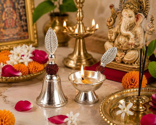 Handmade Silver Bell & Diya Set with velvet box