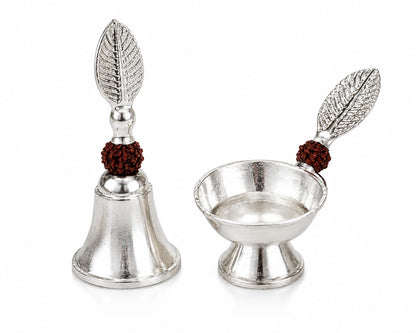 Handmade Silver Bell & Diya Set with velvet box