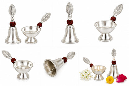 Handmade Silver Bell & Diya Set with velvet box