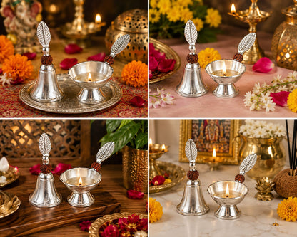 Handmade Silver Bell & Diya Set with velvet box
