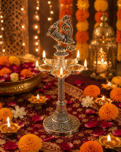 Luxury Silver Finish Peacock Panchmukhi Oil Lamp | Spiritual Home Décor & Pooja Essentia 2