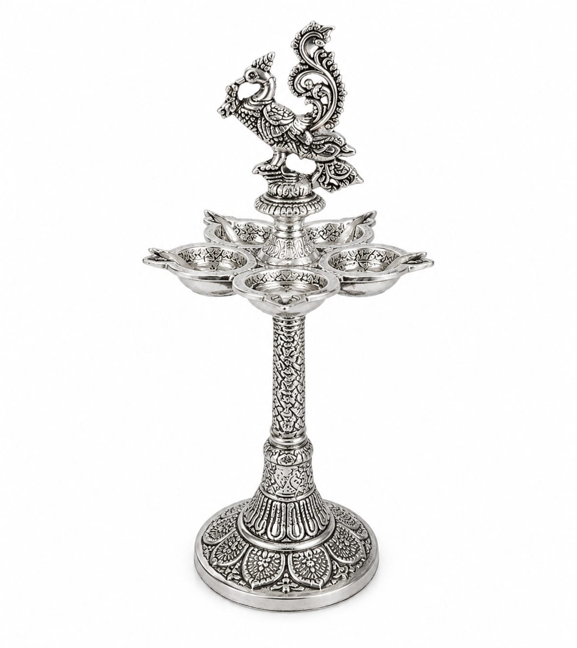 Luxury Silver Finish Peacock Panchmukhi Oil Lamp | Spiritual Home Décor & Pooja Essentia 2